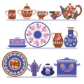 Hand drawn collection handmade ceramics tableware on shelves