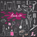 Hand drawn collection of make up, cosmetics and beauty items set, with hairbrushes, dryers, lipstick and nails illustration on ch