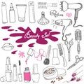 Hand drawn collection of make up, cosmetics and beauty items set, with hairbrushes, dryers, lipstick and nails illustration isola