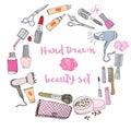 Hand drawn collection of make up, cosmetics and beauty items set, with hairbrushes, dryers, lipstick and nails illustration isola