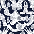 Hand drawn collection with mudras on two hands on textured background