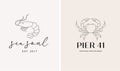 Hand drawn collection of seafood and fish restaurant logos, elegant retro style illustration of crab and shrimp