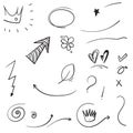 Hand drawn collection of Swishes, swoops, emphasis doodles. Highlight text elements, calligraphy swirl, tail, flower, heart,