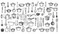 A hand-drawn collection of various kitchen utensils and cookware Royalty Free Stock Photo