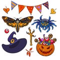 Cartoon Halloween set. Hand drawn collection of witch craft deaths head hawk moth, spider, witch hat, eyeball, pumpkin