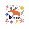 Hand drawn colofrul moose with flowers.