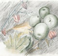 Hand drawn color carbon still life illustration