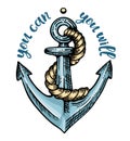 Hand drawn color cartoon anchor with lettering