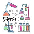 Hand drawn color chemistry and science icons set. Collection of laboratory equipment in doodle style. Kid chemistry and science