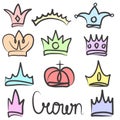 Hand drawn color crowns logo and icon design set collection Royalty Free Stock Photo