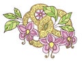 Hand drawn color doodle flowers, leafs and ribbon with swirl