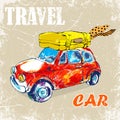 Hand drawn, color penÃÂil. funny red car,bag Royalty Free Stock Photo