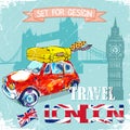 Hand drawn , color penÃÂil funny red car, travel to London.vector illustration