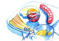 Hand drawn color pencil breakfast illustration. Eggs, sausage, toast and tea on light background.