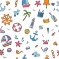 Hand drawn color seamless pattern with nautical elements. Nautical icons. Marine symbols Royalty Free Stock Photo