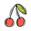 Hand drawn colored cherry on white background. Cute summer element. Doodle, sketch