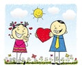 Hand drawn colored illustration of a boy who give a heart shaped gift to a girl. Royalty Free Stock Photo