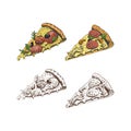 Hand-drawn colored and monochrome sketches of pizza slices. Pizza with mozzarella, tomato sauce, sausage, olives, shrimps