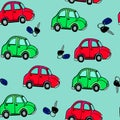 Hand drawn colored retro cars and keyes pattern techno patterns