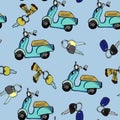 Hand drawn colored scooter with keyes pattern light blue Royalty Free Stock Photo