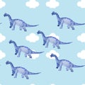 hand-drawn colored seamless repeating children pattern with cute dinosaurs, rainbow in Scandinavian style on a white