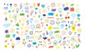 Hand drawn colored set of simple decorative elements. Various icons such as hearts, stars, speech bubbles, arrows, lines. Royalty Free Stock Photo