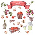 Hand drawn colored sketch of different objects, pink malus flowers, red apples, basket, bottle and tape on white background