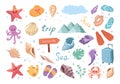 Hand-drawn colored sketch set of travel icons. Tourism and camping adventure icons. lipart with travelling elements, marine life