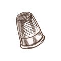 Hand-drawn colored sketch of sewing thimble. Handmade, sewing equipment concept in vintage doodle style. Engraving style Royalty Free Stock Photo