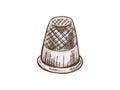 Hand-drawn colored sketch of sewing thimble. Handmade, sewing equipment concept in vintage doodle style. Engraving style Royalty Free Stock Photo