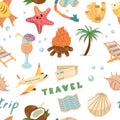 Hand-drawn colored travel seamless pattern. Tourism and camping adventure. ÃÂ¡lipart with travelling elements