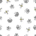 Hand-drawn colored vector illustration of a group of butterflies and bees is flying on a white background. Seamless pattern for Royalty Free Stock Photo