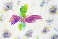 Hand drawn colorful abstract cheerful butterfly and flowers on white paper, spring and summer shades. Abstract
