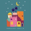 Hand drawn colorful arab houses with moon and stars. Moroccan or mideast town. Greeting card, invitation for Muslim Royalty Free Stock Photo