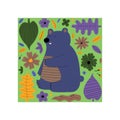 Hand drawn colorful bear with flowers and leaves