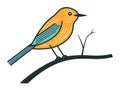 Hand-drawn colorful bird on a branch. Cartoon style yellow and blue bird perched calmly. Simple nature scene vector