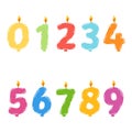 Hand drawn colorful birthday candles numbers with burning flame. Vector illustration of design element for birthday Royalty Free Stock Photo