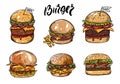 Hand drawn colorful burger set sketch. Vector illustration isolated on white background Royalty Free Stock Photo