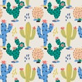 Hand drawn colorful cactus fabric textile.