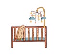 Hand drawn colorful childish cot vector flat illustration. Baby carousel with hanging toys over wooden bed isolated on Royalty Free Stock Photo