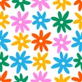 Hand drawn colorful daisies seamless pattern. Vintage hippie y2k flower background. Retro 1970 naive childish bright floral decor