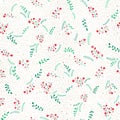 Colorful Doodle Christmas Foliage, Red Berries, Gold Swirls on White Background Vector Seamless Pattern. Winter Holiday