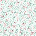 Hand Drawn Abstract Doodle Christmas Foliage, Red Holy Berries, White Background Vector Seamless Pattern. Winter Holiday