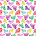 Hand drawn colorful doodle hearts on white background.