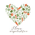 Hand drawn colorful doodle vegetables in the shape of a heart. Vegetable love vector background.