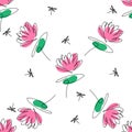 Hand drawn flying tiny black dragonflies and pink flowers on white background vector seamless pattern Royalty Free Stock Photo