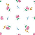 Hand drawn blue flying dragonflies and pink flowers water lilies on white background vector seamless pattern Royalty Free Stock Photo