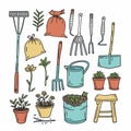 Hand drawn colorful gardening tools plants doodle set isolated white background. Collection garden Royalty Free Stock Photo