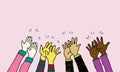 Hand drawn colorful of hands clapping ovation. applause, thumbs up gesture on doodle hands up