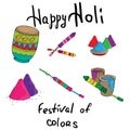 Hand drawn colorful Happy Holi Background for Festival of Colors celebration greetings. Indian holiday Holi. Royalty Free Stock Photo